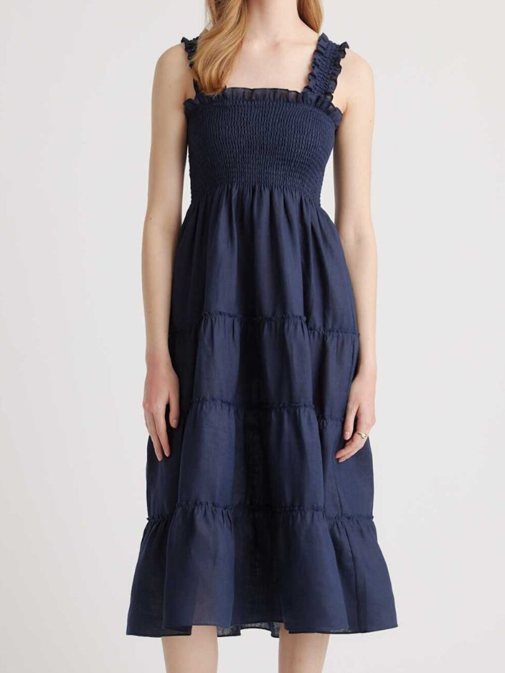 Quince 100% European Linen Smocked Midi Dress Navy - Size XL